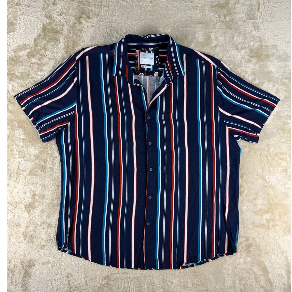 Denim & Flower Ricky Singh Mens Large Navy Blue Red Striped Viscose Size L Shirt